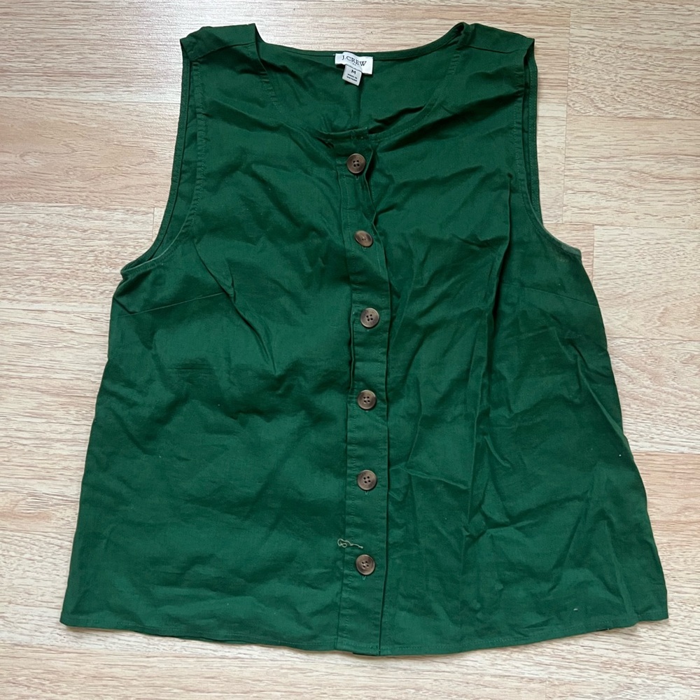 J. Crew Deep Green Button-Front Sleeveless Shirt
